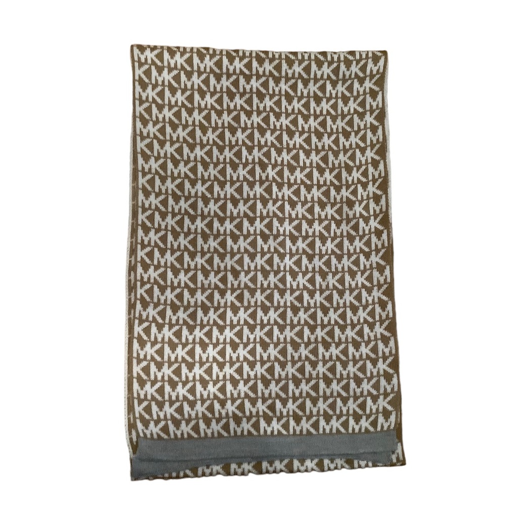 Michael Kors knitted scarf infinity MK logo brown 100% acrylic 9.5x67”
